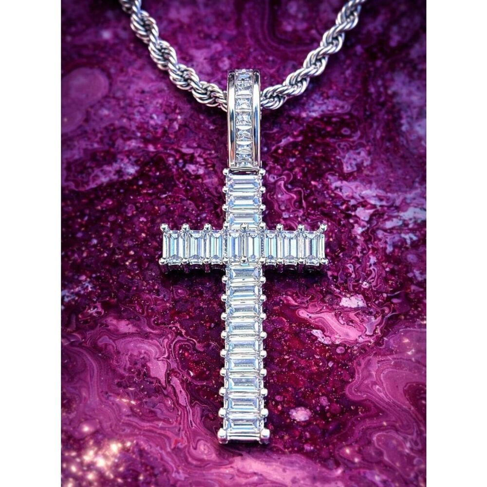 Silver Baguette Iced Out Cross Necklace